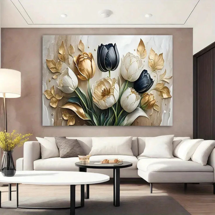 Modern 3D Effect Luxury Floral Wall Art Frame Featuring Golden and Black Tulips Abstract Oil Painting Style Decor Size 12x16 with Double Sided Tape buy online in Pakistan