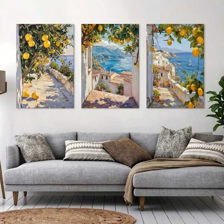Set of 3 Vintage Mediterranean Coastal Lemon Tree Scenery Painting Wall Art Frames for Modern Home Decor Size 8x11 Inches Each with Double Sided Tape buy online in Pakistan