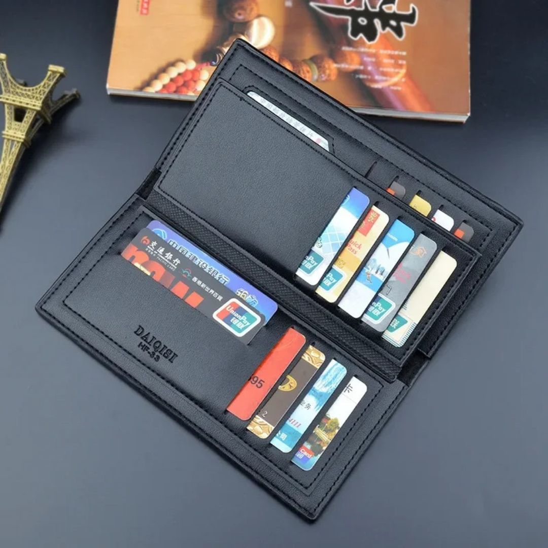 Long Wallet Purse – Contrast Band Design with Card Slots & Zipper Pocket