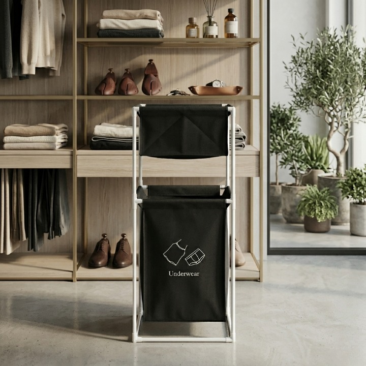 Fabric Laundry Hamper With Dual Compartments And White Metal Frame For Organized Clothing And Underwear Storage buy online in Pakistan