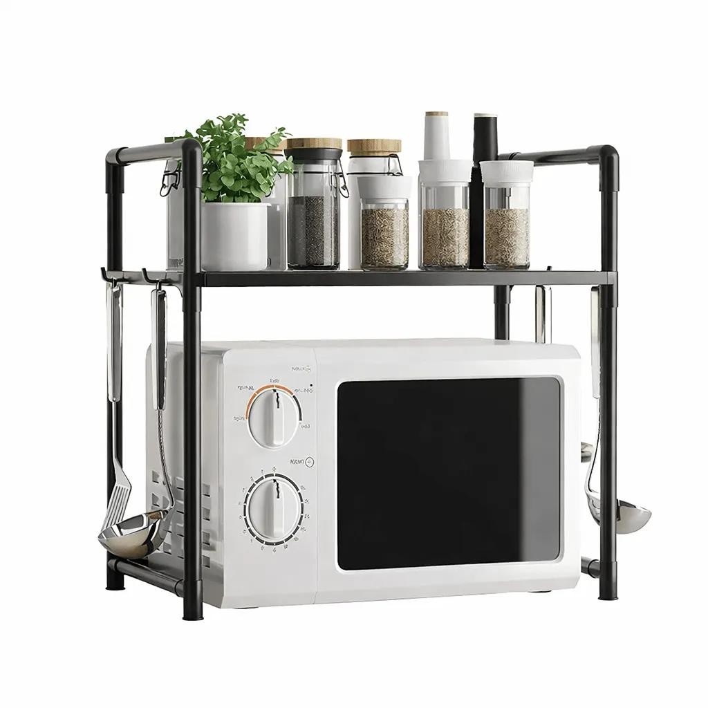 Microwave Oven Storage Rack 2-Tier Kitchen Organizer | Space-Saving Carbon Steel Shelf For Countertop And Utensils | Random Colour ~ Plastic buy online in Pakistan