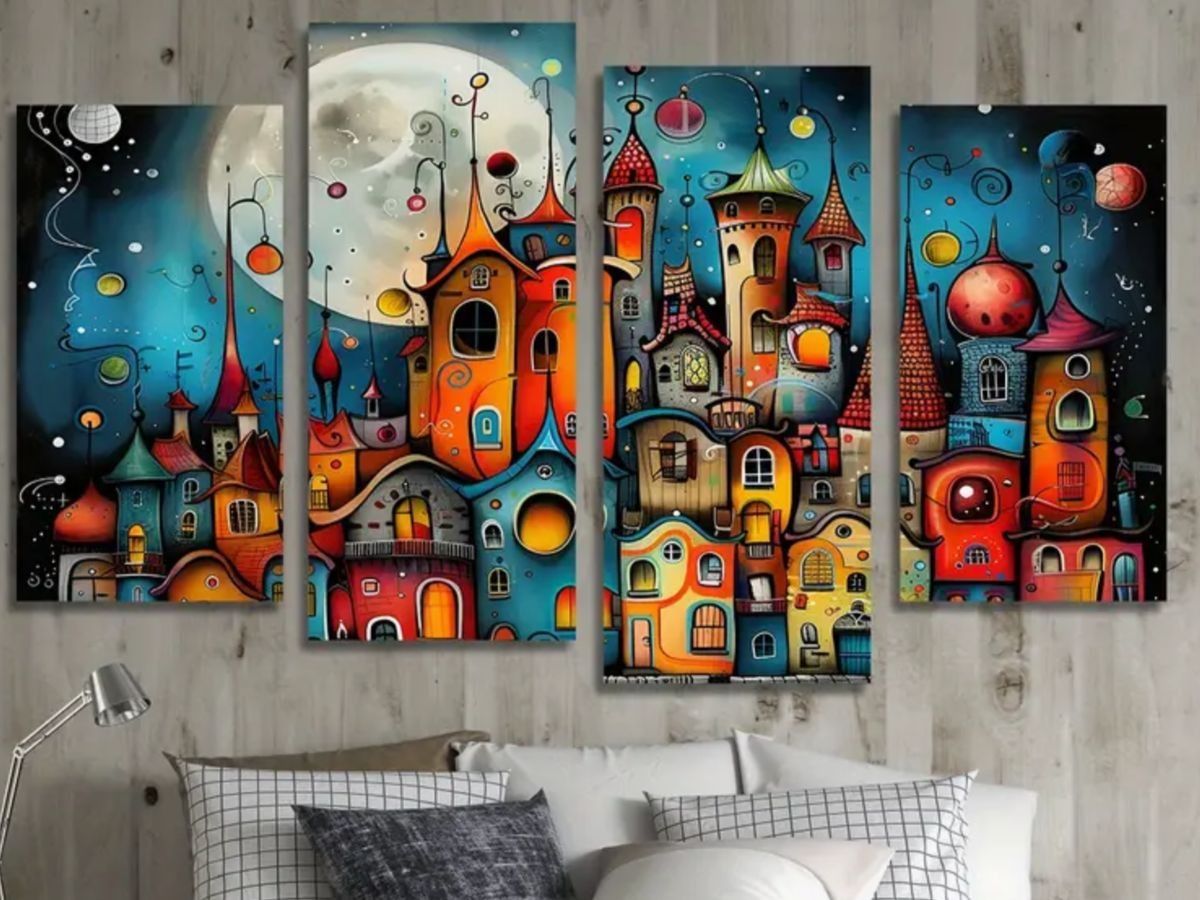 Abstract Fantasy City Wall Art Canvas Set – Colorful Modern Decorative Panels (Size : 2pcs 8*14 & 2pcs 8*16) buy online in Pakistan