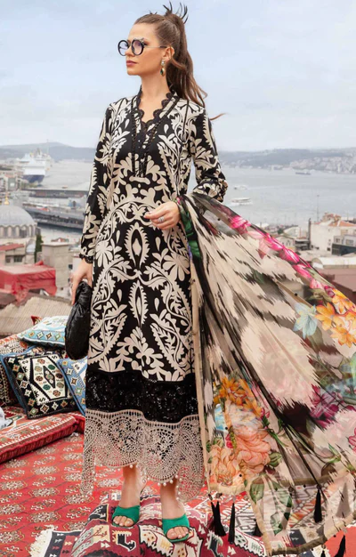 Elegant 3 Piece Embroidered Lawn Suit with Digital Print & Printed Chiffon Dupatta – Unstitched Summer Collection buy online in Pakistan