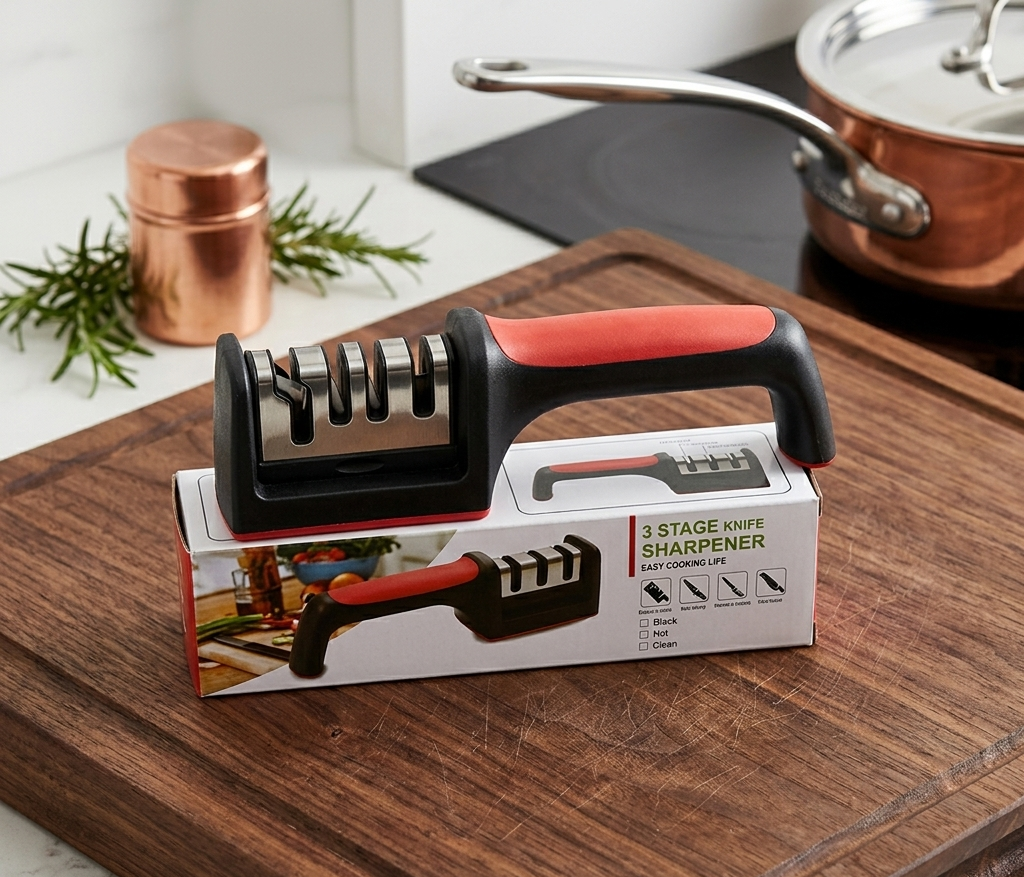 RS-168 3-Stage Manual Knife Sharpener – Professional Kitchen Knife Sharpening Tool with Ergonomic Handle & Non-Slip Base
