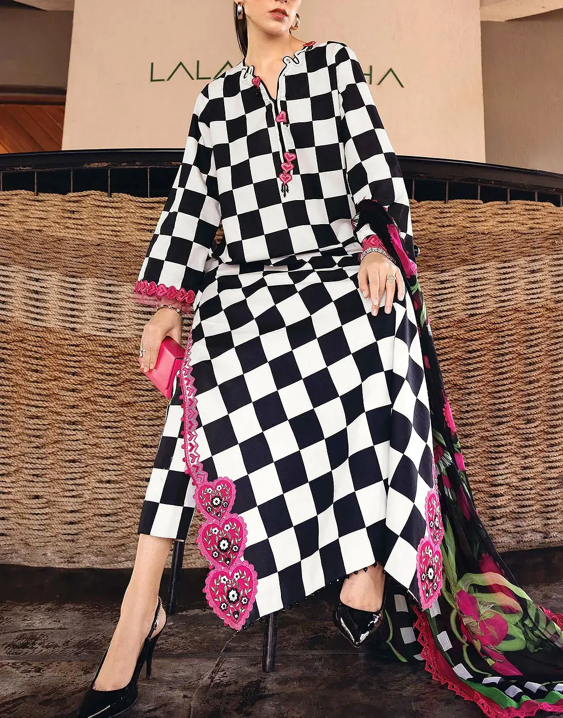Elegant All-Over Checkerboard Print Embroidered Lawn 3Pc Unstitched Dress with Chiffon Dupatta – Summer Collection 2026 buy online in Pakistan