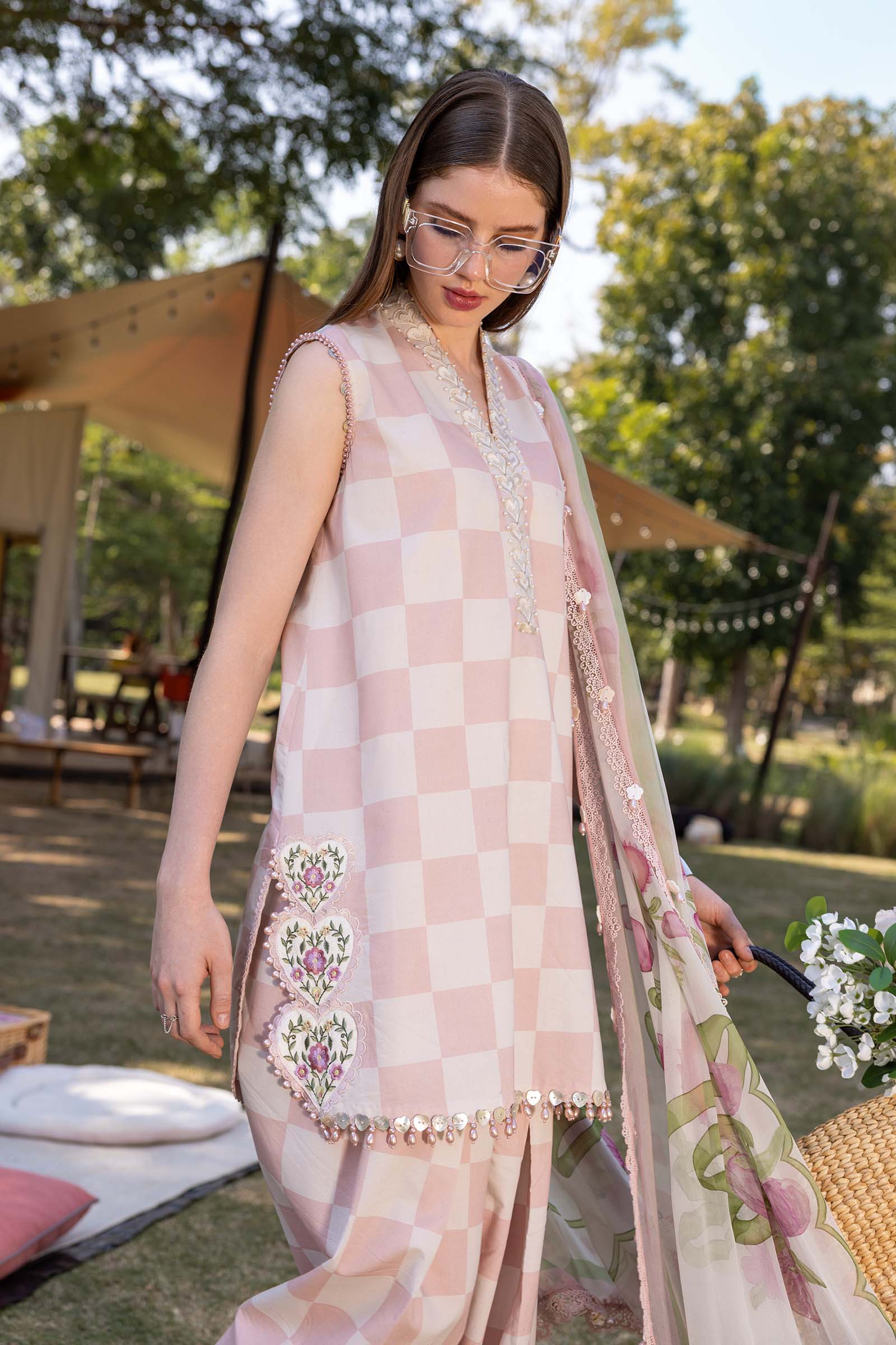 Luxury All-Over Checkerboard Print Embroidered Lawn 3Pc Unstitched Suit with Chiffon Dupatta – EID & Party Wear buy online in Pakistan