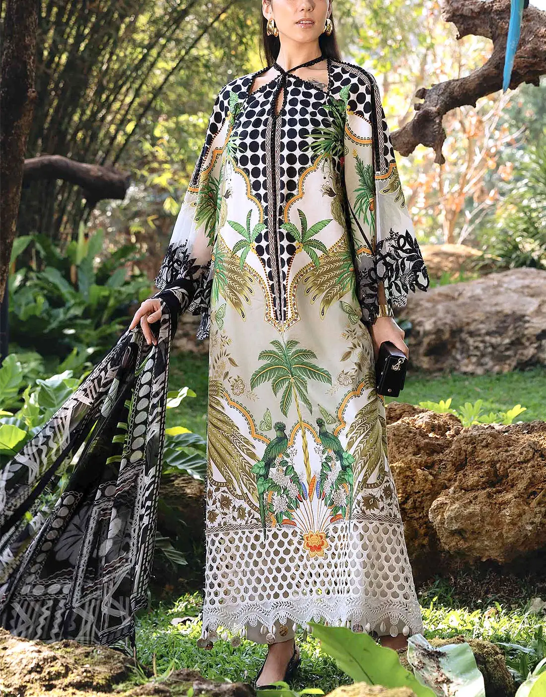 Elegant All-Over Print Embroidered Lawn 3Pc Unstitched EID Dress for Girls with Chiffon Dupatta buy online in Pakistan