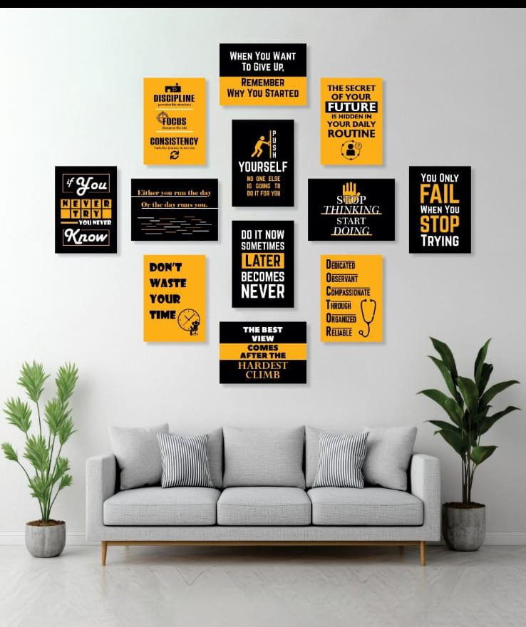 Yellow And Black Motivational Wall Art Posters 12 Pcs Set Wooden Sticky Tiles 5x7 Inches Easy Mounting buy online in Pakistan