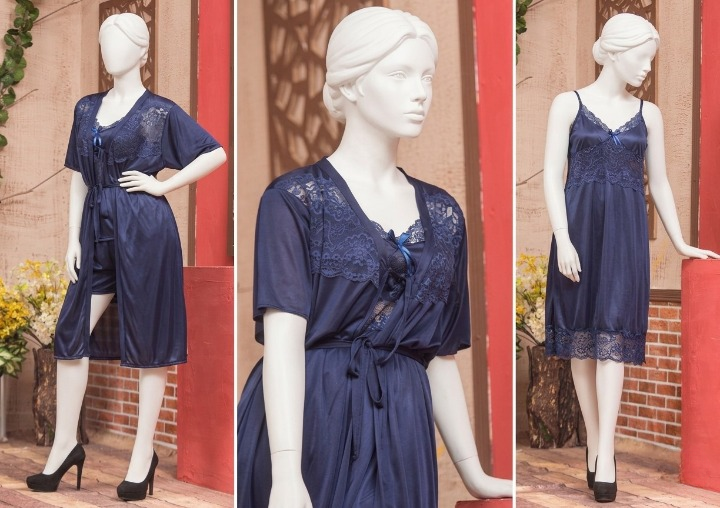 3 Pcs Luxury Silk Nightwear Set with Lace Trim - Buy Online in Pakistan at Zenbu Store