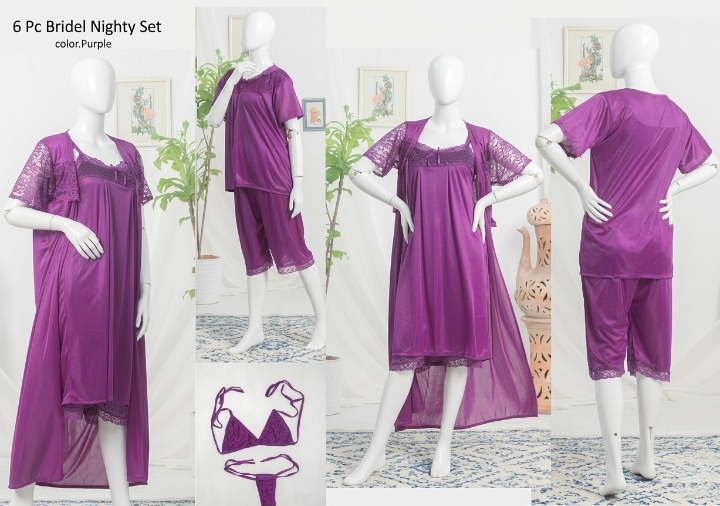 6 PCs Bridal Satin Nighty Set with Matching Thong & Bralette Free Size - Buy Online in Pakistan at Zenbu Store (Image 7)