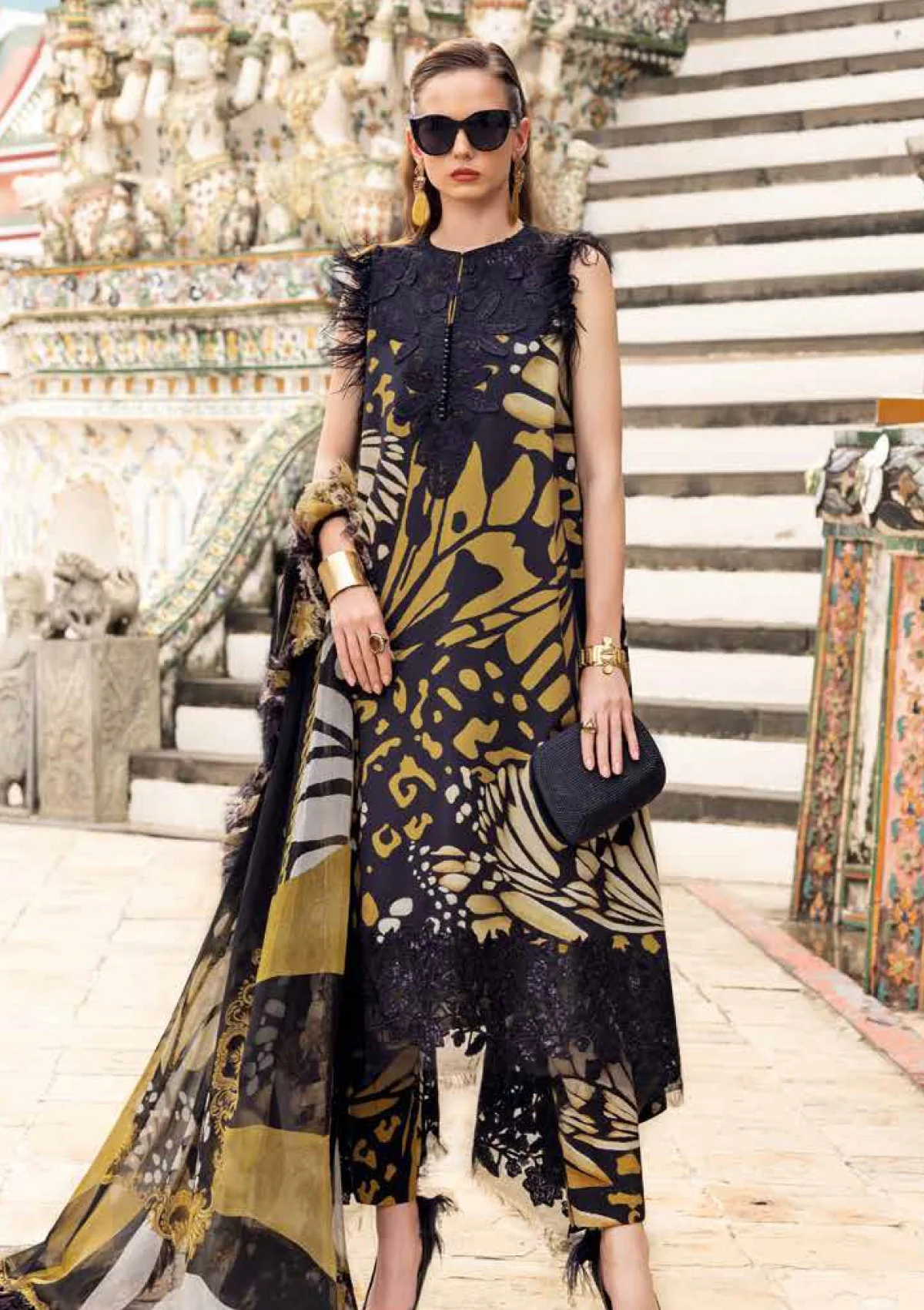 Maria B Printed Embroidered Lawn 3PC Unstitched Suit with Chiffon Dupatta – Black & Mustard buy online in Pakistan