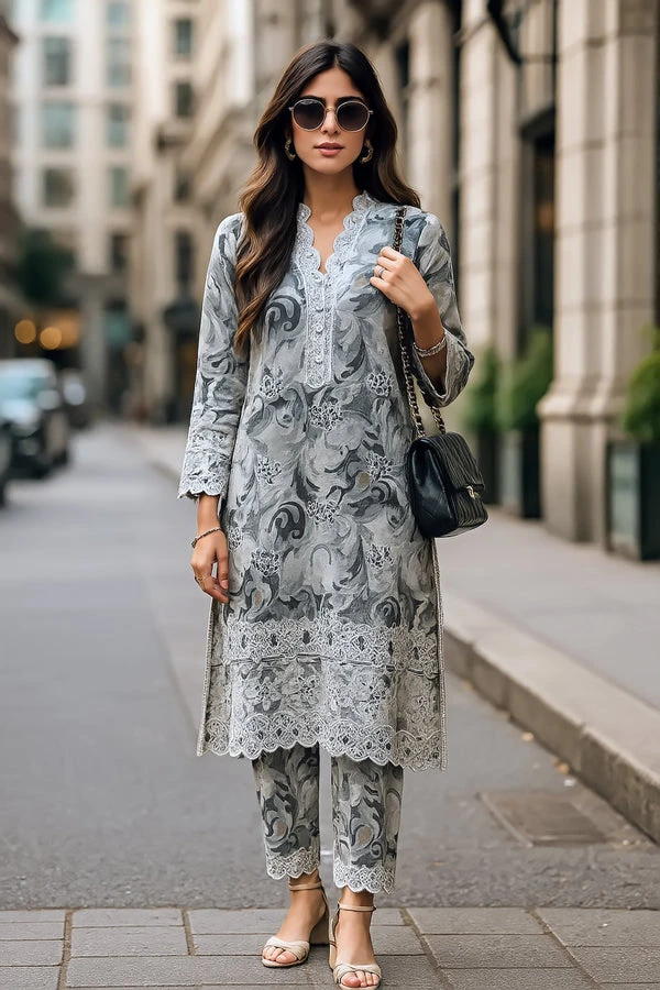 ANEELA’S Luxury Embroidered Lawn 3 Piece Unstitched Suit – Grey Floral Summer Collection buy online in Pakistan