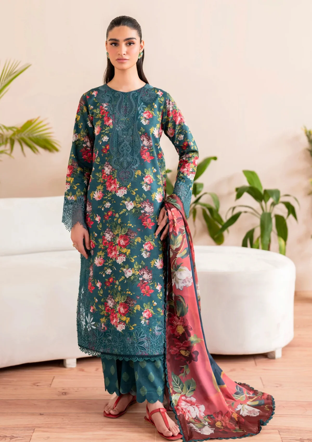 Elegant Floral Embroidered Lawn 3 Piece Unstitched Suit with Chiffon Dupatta buy online in Pakistan