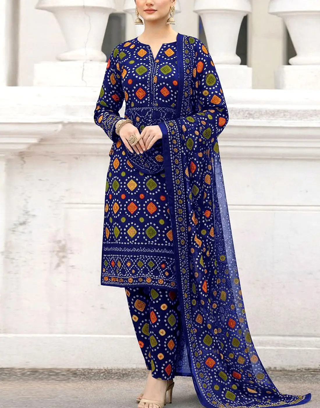 Stylish Digital Chunri Print Embroidered Lawn 3PC Unstitched Suit with Chiffon Dupatta buy online in Pakistan