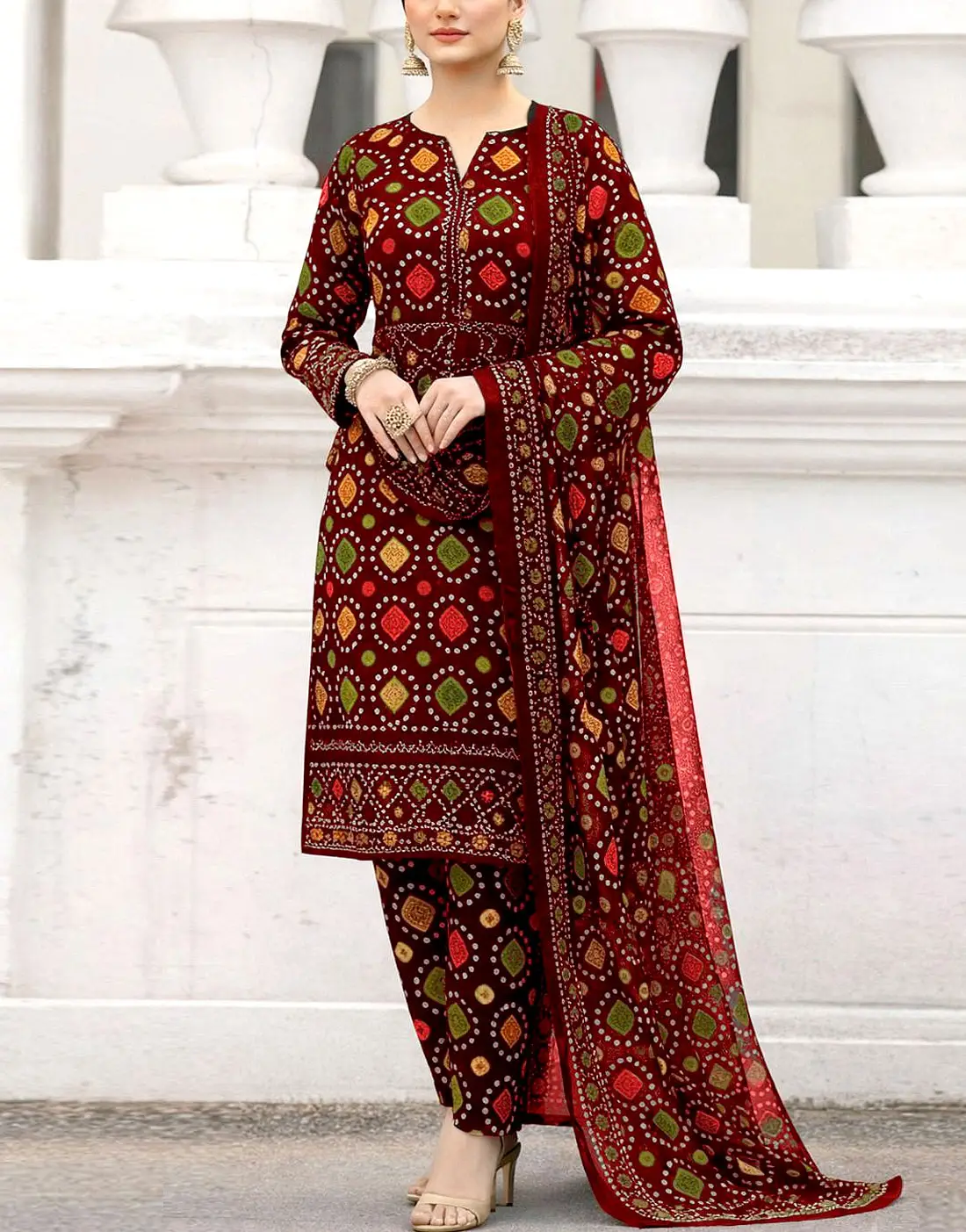 Trendy Digital Chunri Print Embroidered Lawn 3PC Unstitched Suit with Chiffon Dupatta buy online in Pakistan