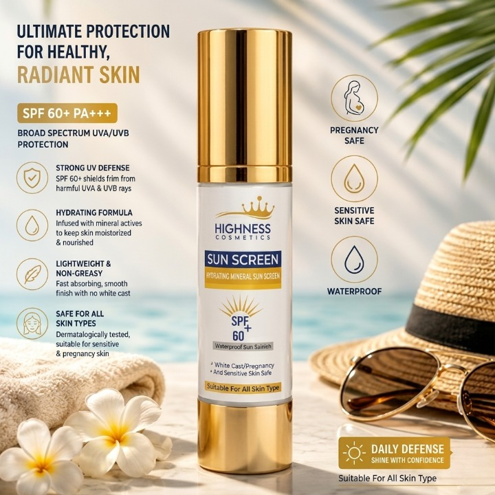 Highness Cosmetics Hydrating Mineral Sunscreen SPF 60 Plus PA Triple Premium Royal Shield Formulaested Formula 100ml buy online in Pakistan