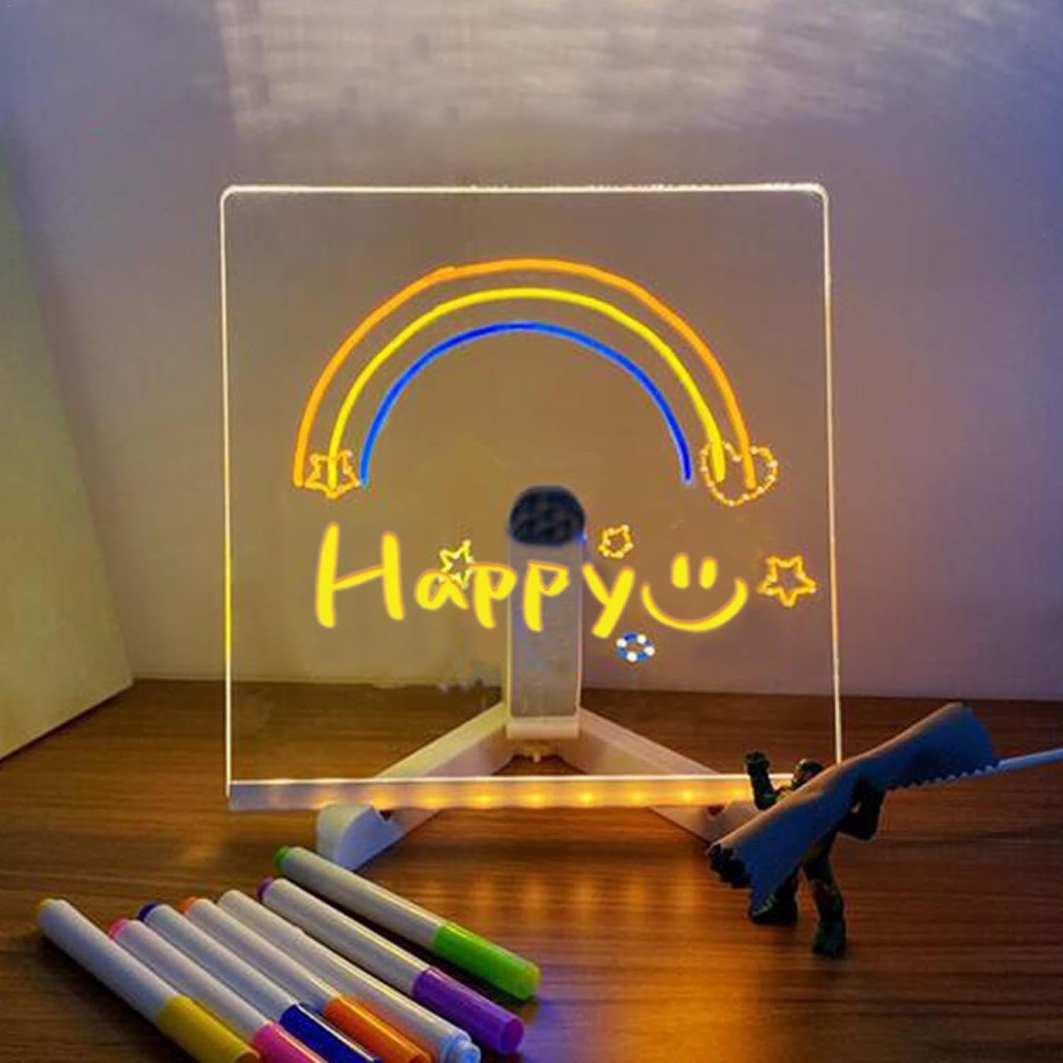 Transparent Acrylic LED Dry Erase Message Board 20x20cm White Stand With Glowing Display view 4