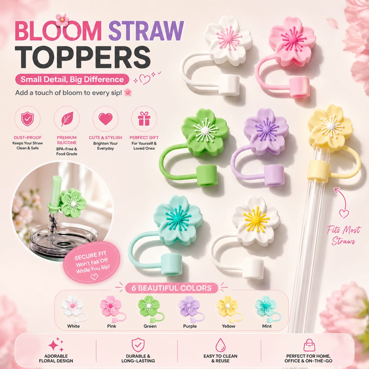 Silicone Flower Stopper Compatible with 40oz Tumbler | Reusable Spill-Resistant Straw Cover | Random Color - Buy Online in Pakistan at Zenbu Store