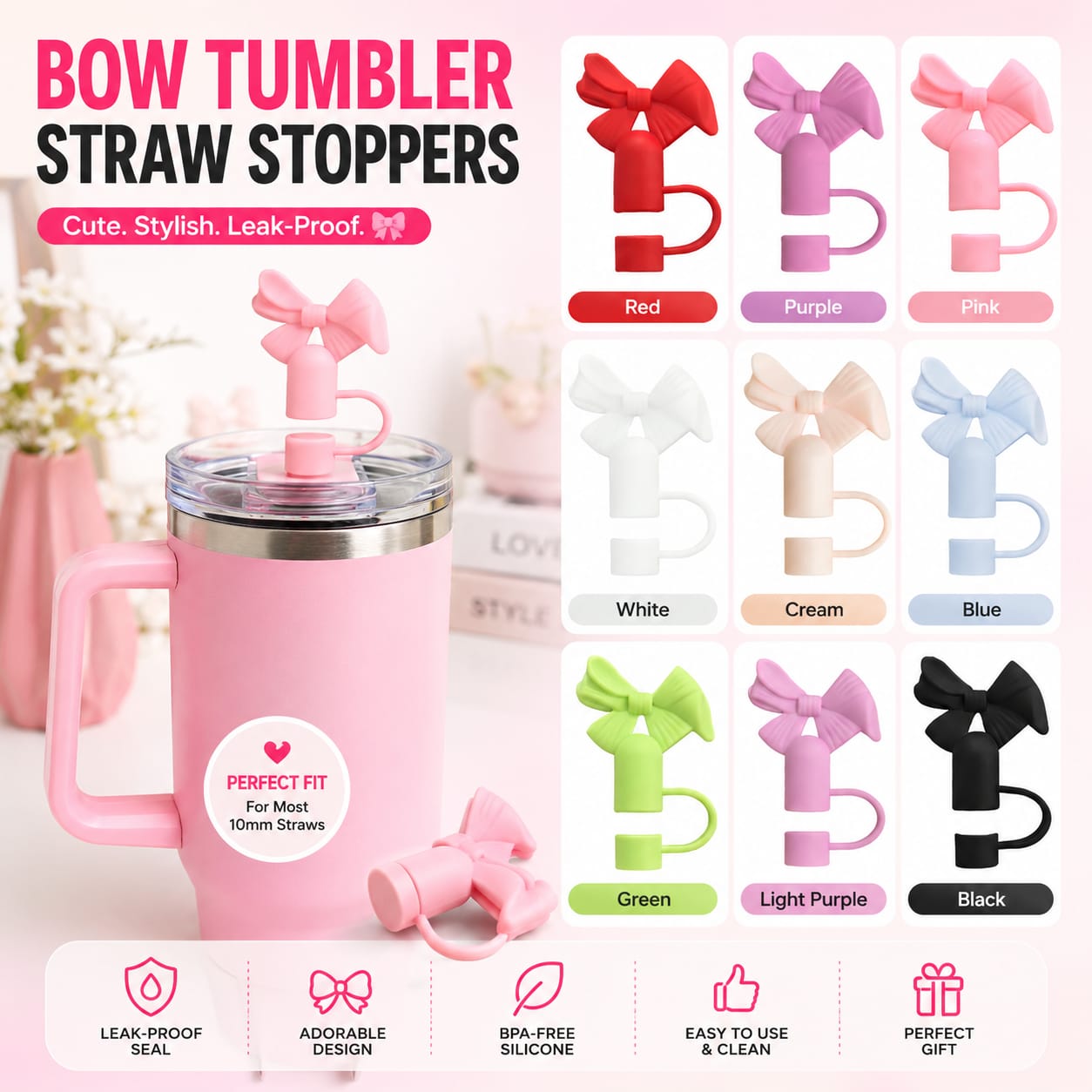 Silicone Bow Stopper Compatible with 40oz Tumbler | Reusable Spill-Resistant Straw Cover | Random Color - Buy Online in Pakistan at Zenbu Store