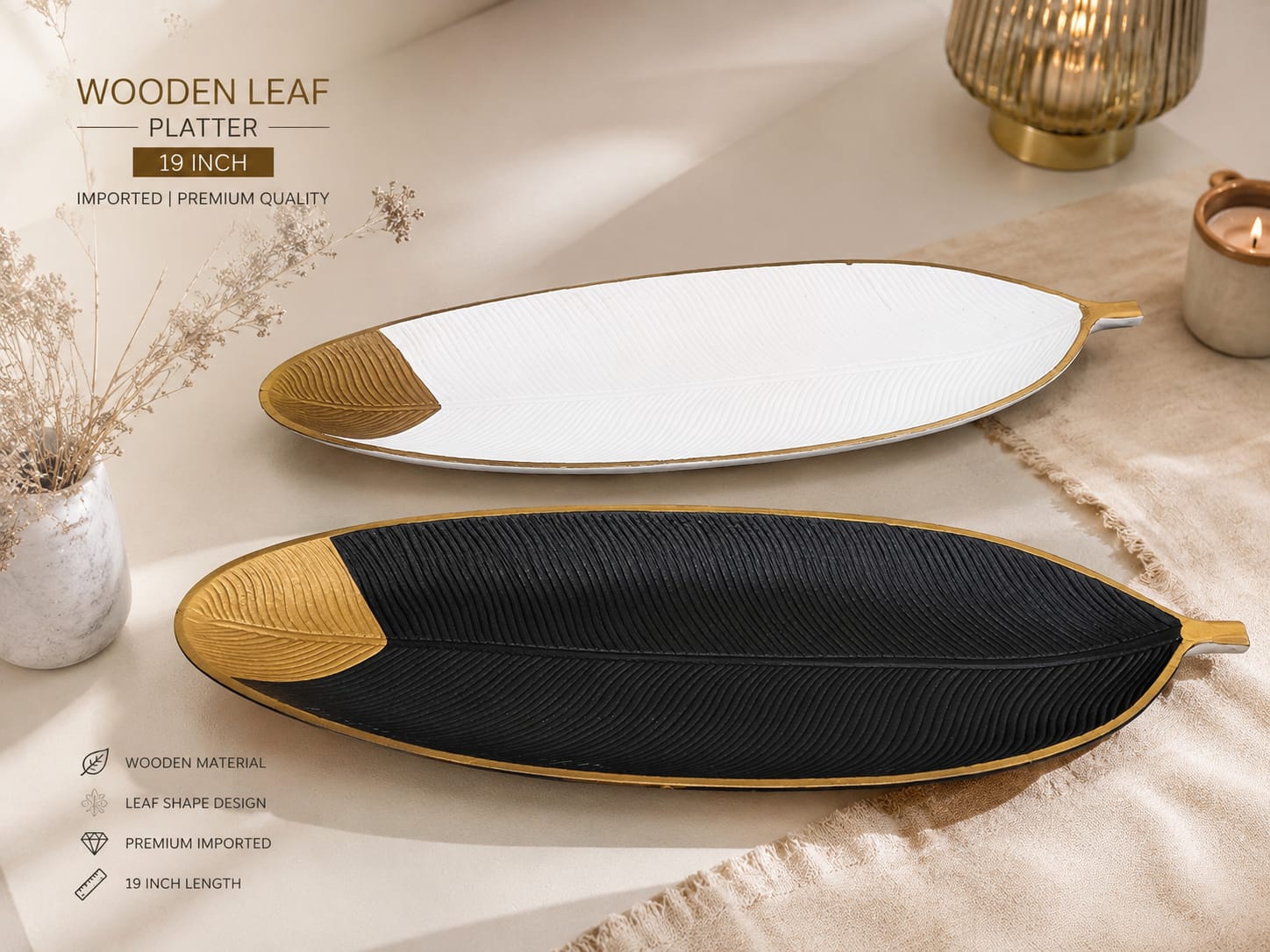 1 PCs Wooden Leaf Platter – Decorative Serving Tray for Snacks, Fruits & Table Display | Size: 49.5 x 17.8 x 3 cm (Random Color) view 2