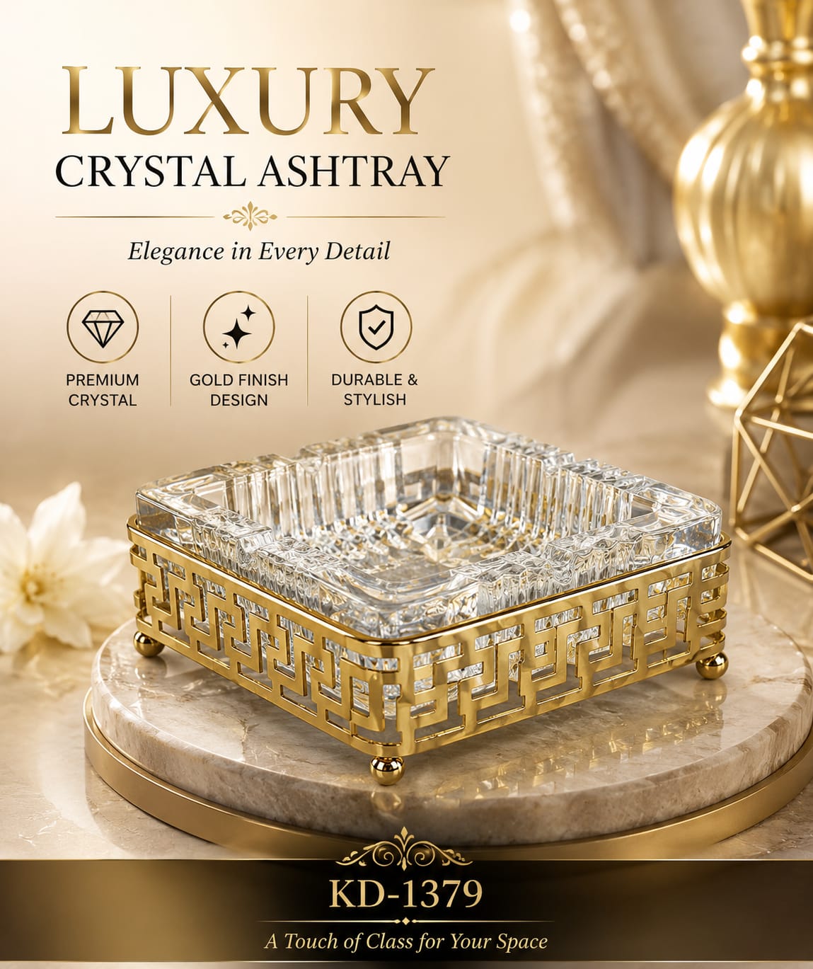 Luxury Metal & Crystal Ashtray KD-1379 – Elegant Decorative Cigarette Ash Tray Size 13x13x4.5cm buy online in Pakistan