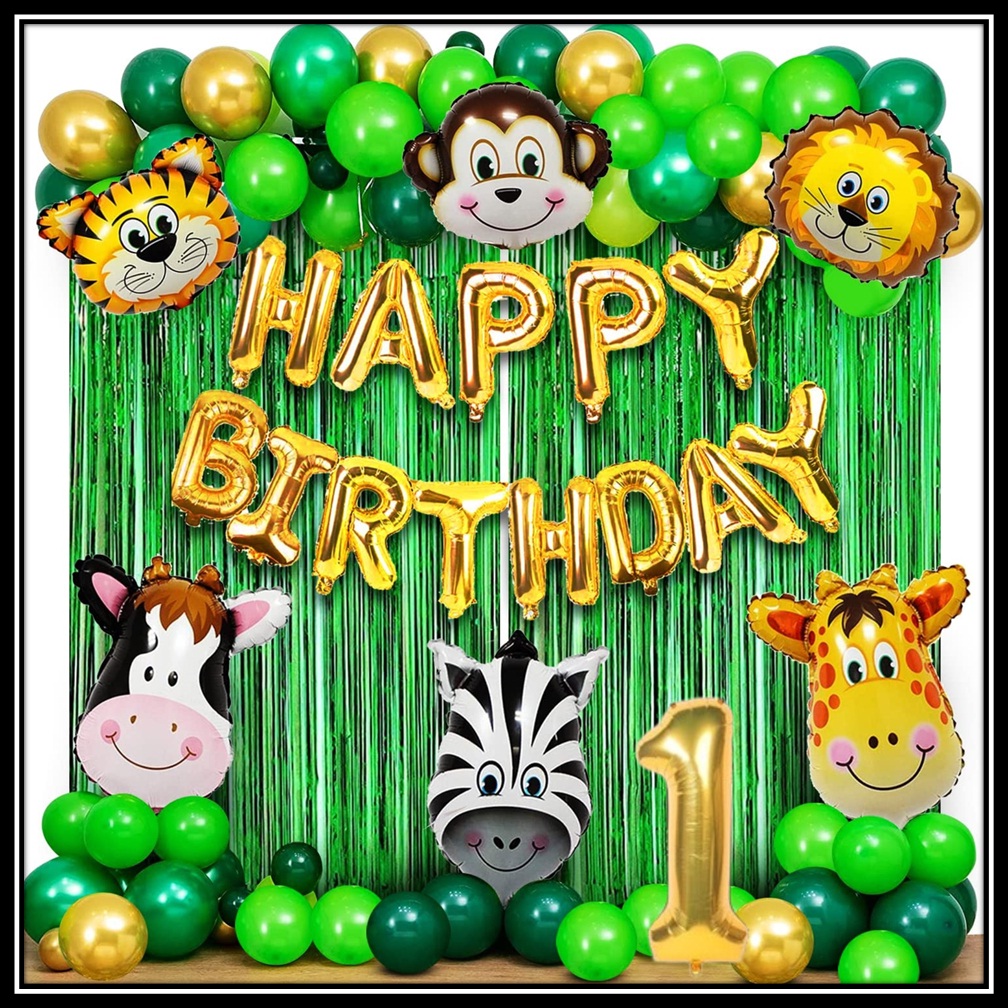 Jungle Theme Birthday Party Decoration Set 50 Pcs for Kids Boys & Girls – Animal Safari Birthday Balloon Combo with Happy Birthday Banner, Foil Curtains & Number Balloon