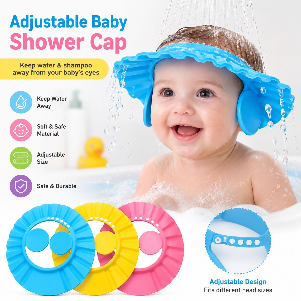 Baby Shower Cap With Stopper | Silicon Baby Shower Cap | Soft & Safe Material | Random Color - Buy Online in Pakistan at Zenbu Store
