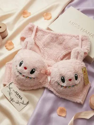 Labubu Style Cute Double Padded Bra & Panty Set for Women – Soft Wool Material, Comfortable Lingerie Set (Random Color) 1