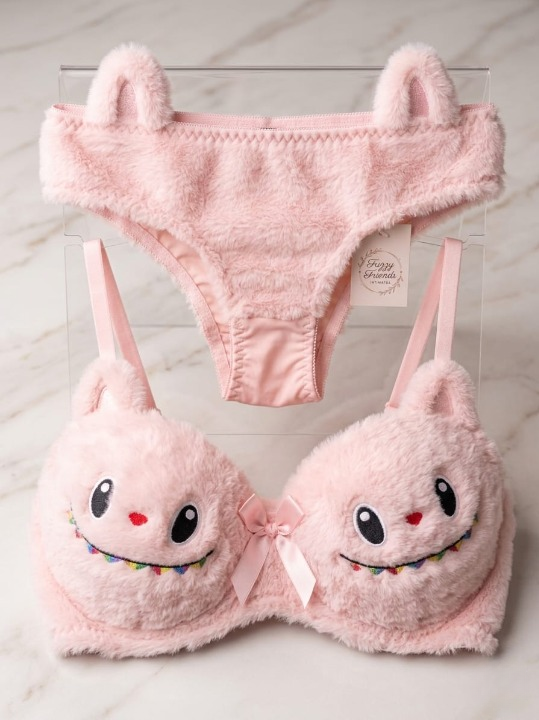 Labubu Style Cute Double Padded Bra & Panty Set for Women – Soft Wool Material, Comfortable Lingerie Set (Random Color)