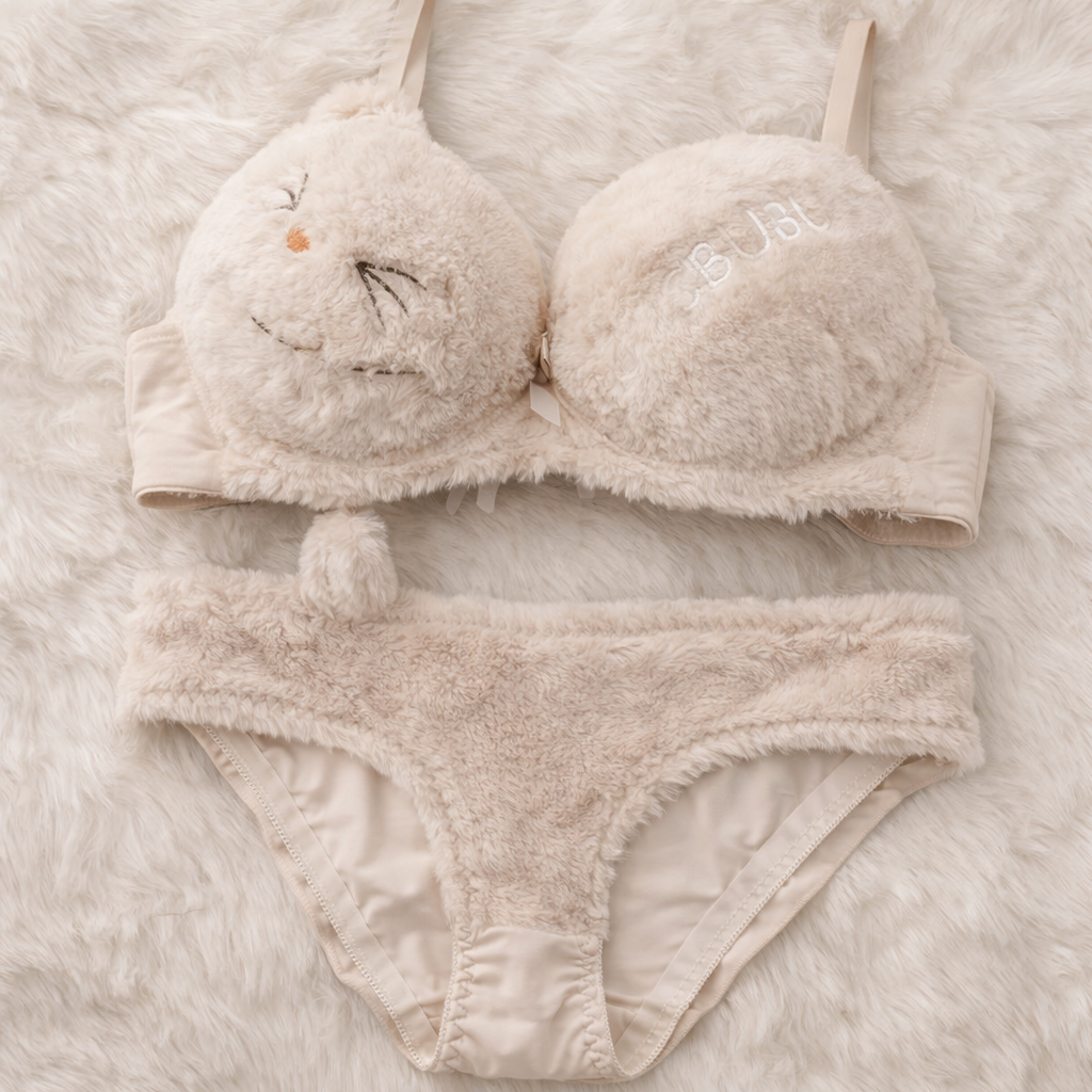 Cute Fur Style Double Padded Woolen Bikini Set – Soft Beige Plush Bra & Panty Lingerie Set