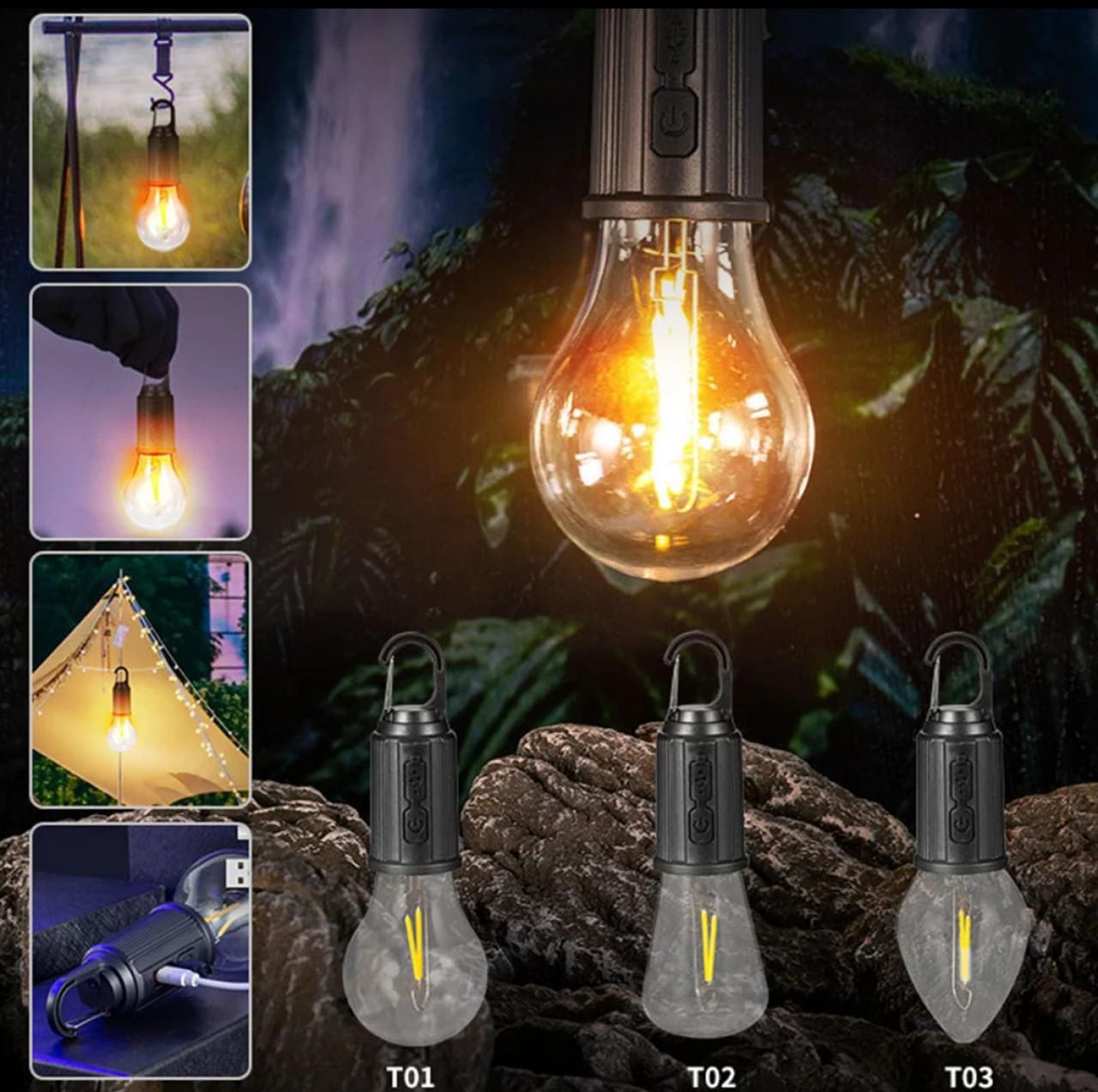 T01 Rechargeable Camping Bulb – 3-Gear Vintage LED Emergency Lamp with Carabiner Hook & Type-C Charging view 2
