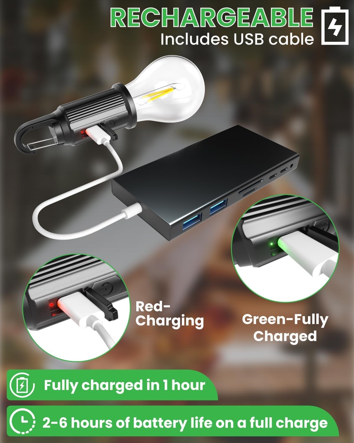 T01 Rechargeable Camping Bulb – 3-Gear Vintage LED Emergency Lamp with Carabiner Hook & Type-C Charging view 5
