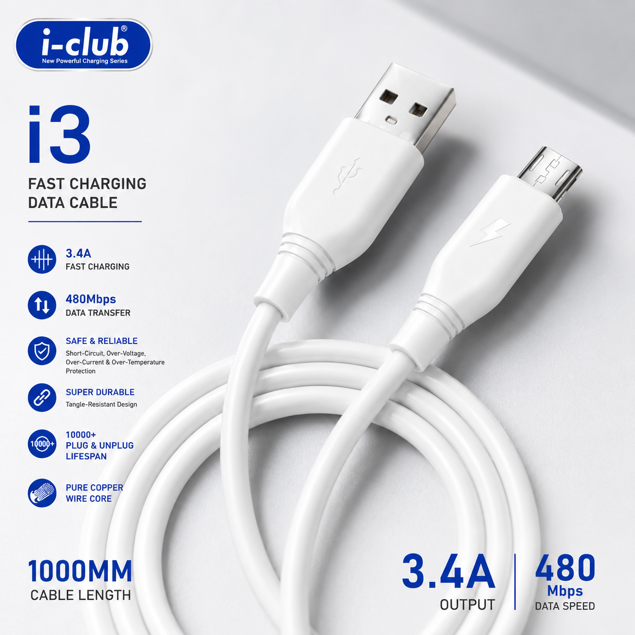 i-Club i3 3.4A Fast Charging Micro USB Cable | 1 Meter | 480Mbps Data Sync | Android Charging Cable buy online in Pakistan