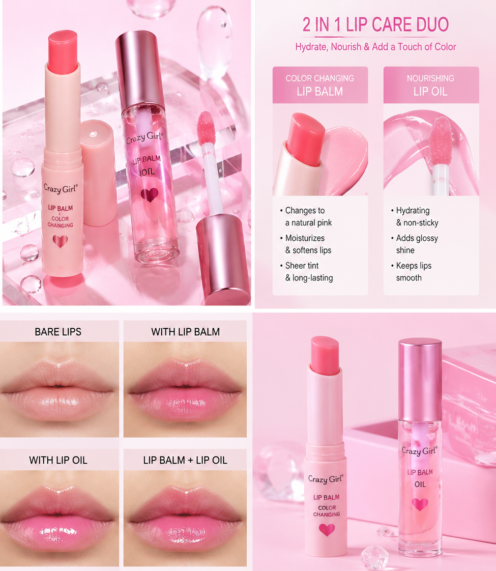 Crazy Girl 2 In 1 Color Changing Lip Balm & Lip Oil Set, Moisturizing Pink Lip Care Duo with Hydrating Gloss Finish, Lon...