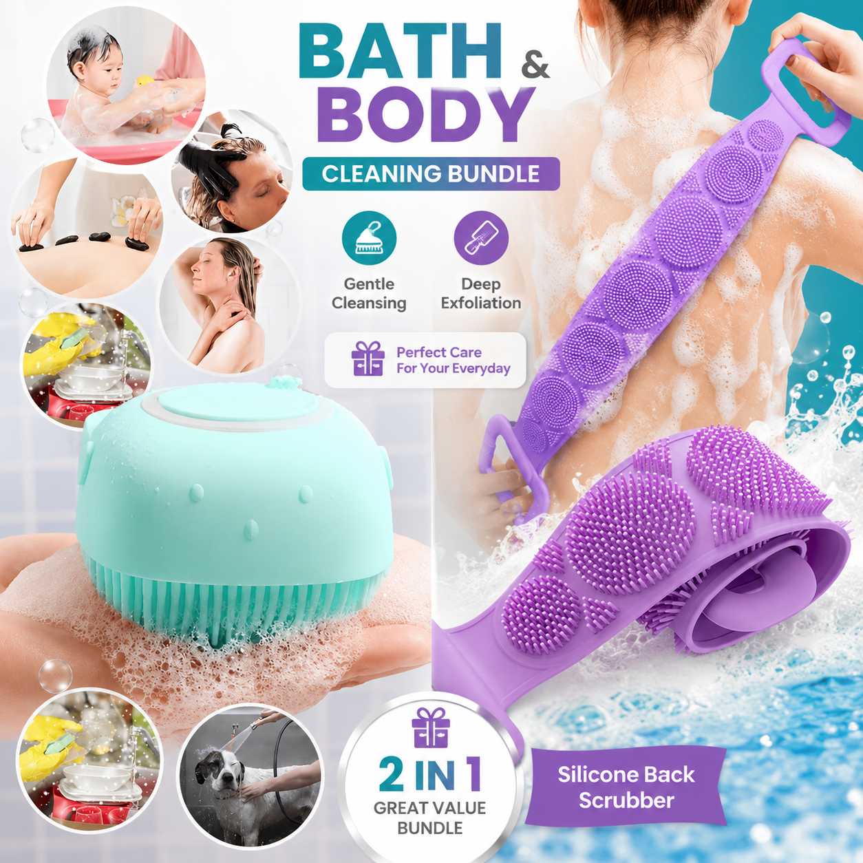 Silicone Bath Brush And Silicone Back Scrubber Care Bundle For Deep Cleansing And Gentle Body Care (Random Color) buy online in Pakistan