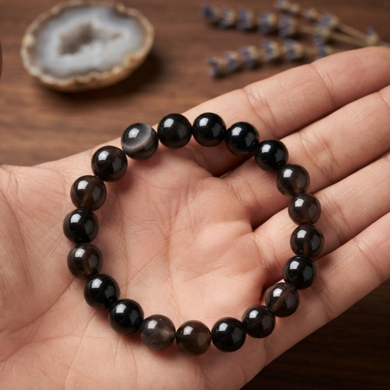 Natural Black Aqeeq Stone Bracelet - Genuine Onyx Gemstone Beaded Wristband Elegant Handcrafted Jewelry For Men And Women Fashion Accessory buy online in Pakistan