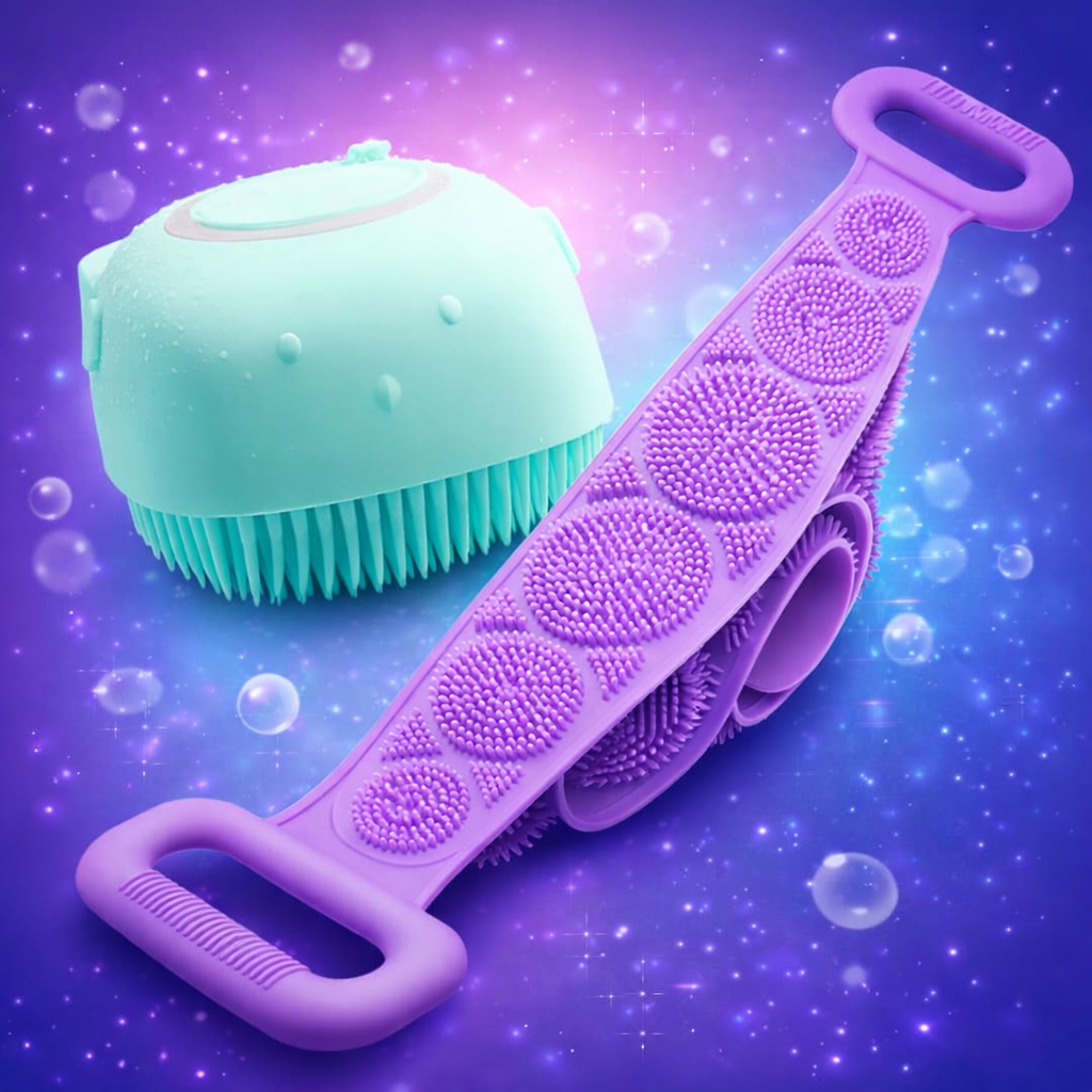 2-in-1 Silicone Bath Brush & Back Scrubber Combo Deal | Body Massage Bath Brush + Silicone Back Scrubber Belt buy online in Pakistan