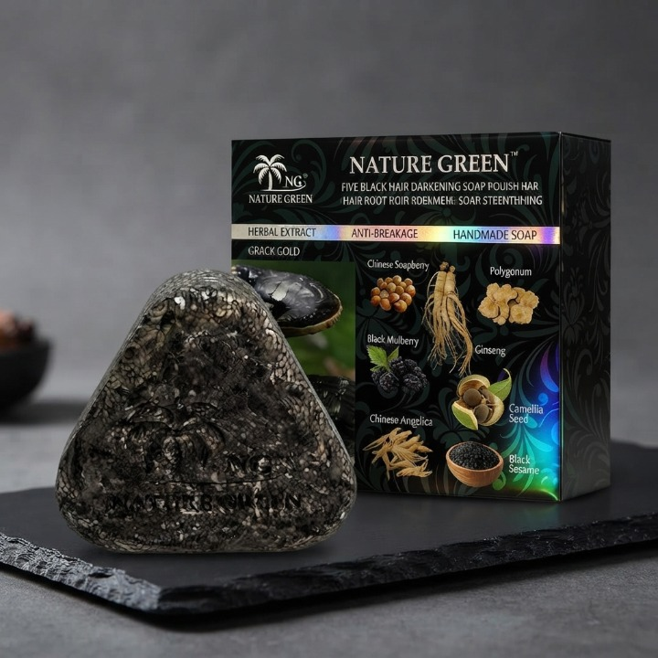 Nature Green Black Ganoderma Hair Darkening Soap - Herbal Cleansing Bar For Natural Hair Color Maintenance And Scalp Hea...