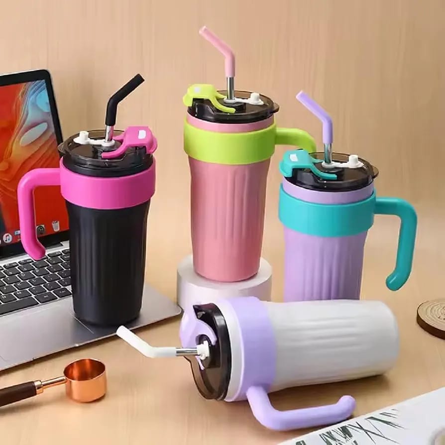 40oz Thermos Travel Mug with Handle, Leakproof Lid & Stainless Steel Straw – Double Wall Insulated Hot & Cold Tumbler - Random Color buy online in Pakistan