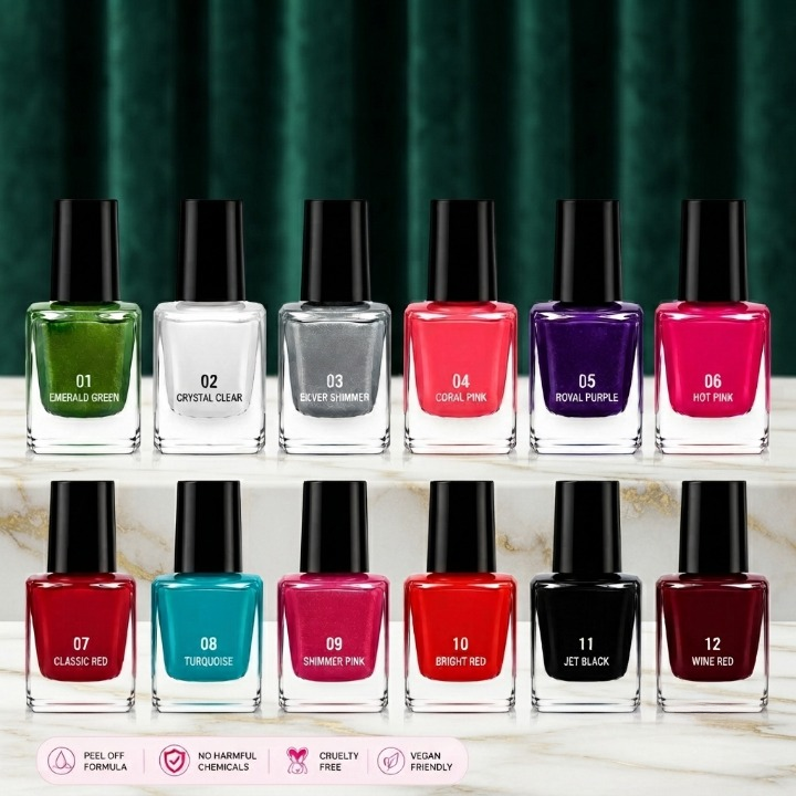 Pack of 12 - Peel Off Nail Paints - Cosmetic Nail Polish Designed For Easy Removal And Vibrant Color Maintenance Routine (Random Color) buy online in Pakistan