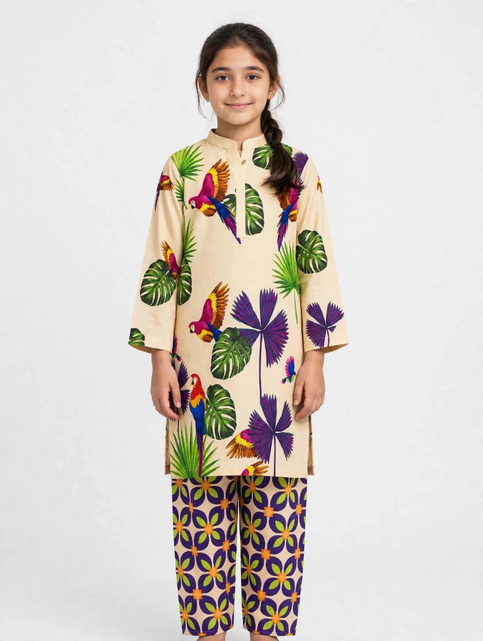 Girls Beige Printed Stitched Co Ord Set With Long Sleeve Shirt And Matching Trouser buy online in Pakistan