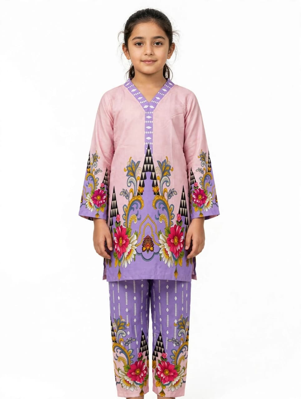 Girls Purple Printed Stitched Co Ord Set With Long Sleeve Shirt And Matching Trouser buy online in Pakistan