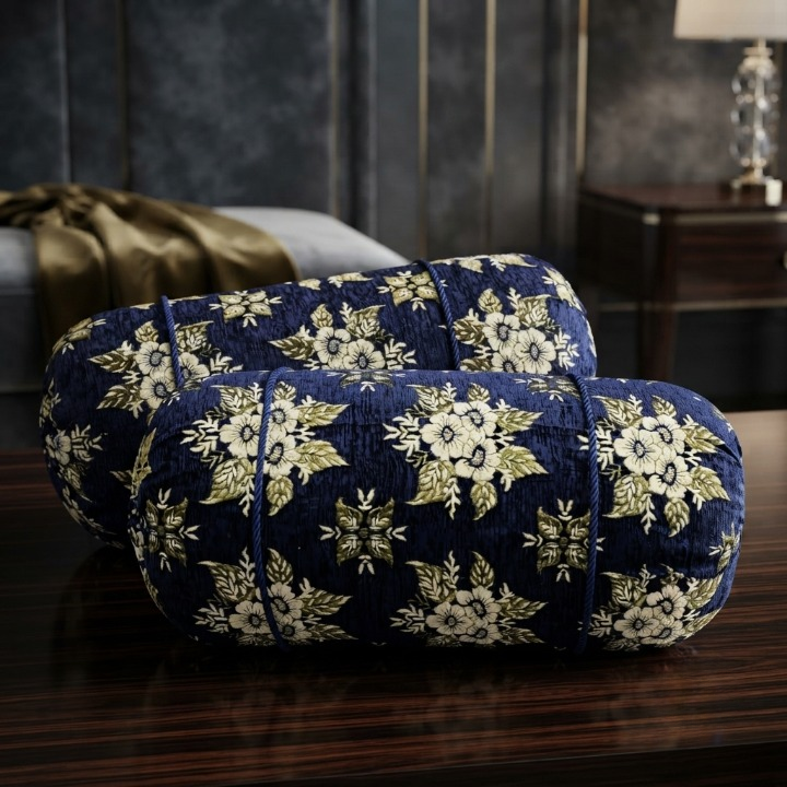 Luxury 2 Piece Soft Velvet Jacquard Gol Pillow Cover Set 36 x 17 Easy Washable Color Fast Navy Blue Floral Design thumbnail 2