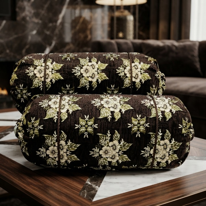 Luxury 2 Piece Soft Velvet Jacquard Gol Pillow Cover Set 36 x 17 Easy Washable Color Fast Brown Floral Design thumbnail 2