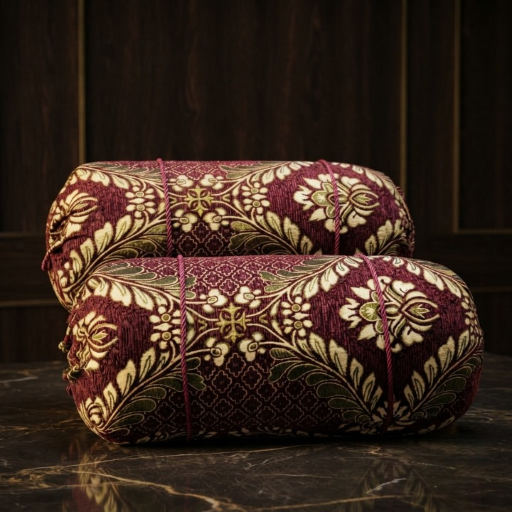 Luxury 2 Piece Soft Velvet Jacquard Gol Pillow Cover Set 36 x 17 Easy Washable Color Fast Maroon Floral Design