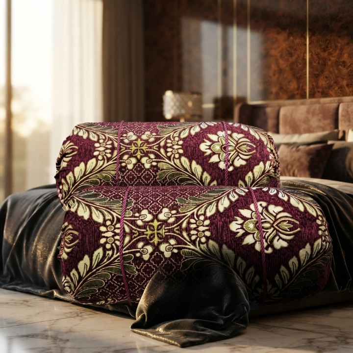 Luxury 2 Piece Soft Velvet Jacquard Gol Pillow Cover Set 36 x 17 Easy Washable Color Fast Maroon Floral Design thumbnail 2