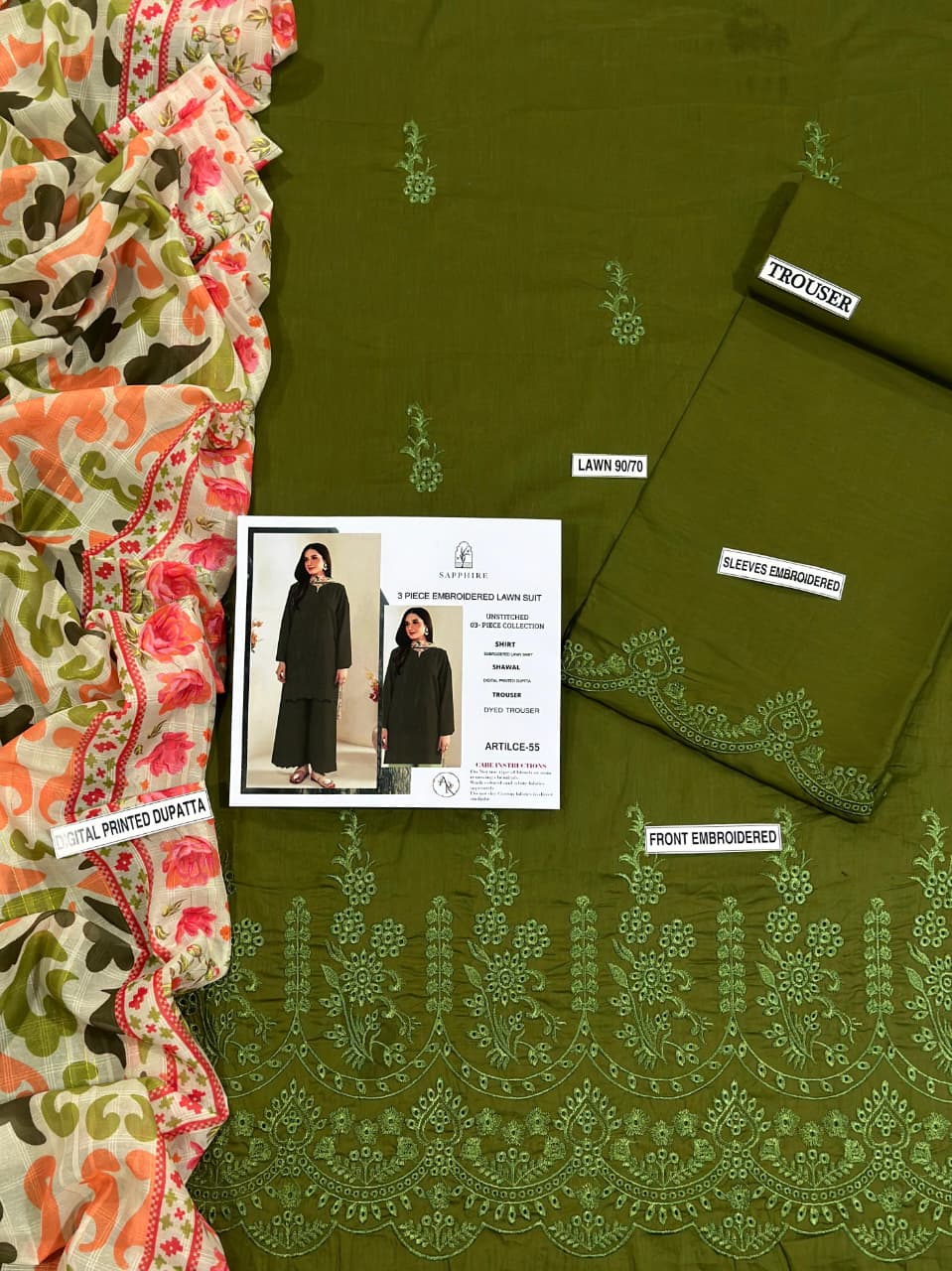 Sapphire Airjet Lawn 3 Piece Embroidered Suit With Printed Diamond Dupatta Premium Unstitched Dress Collection - Buy Online in Pakistan at Zenbu Store (Image 12)