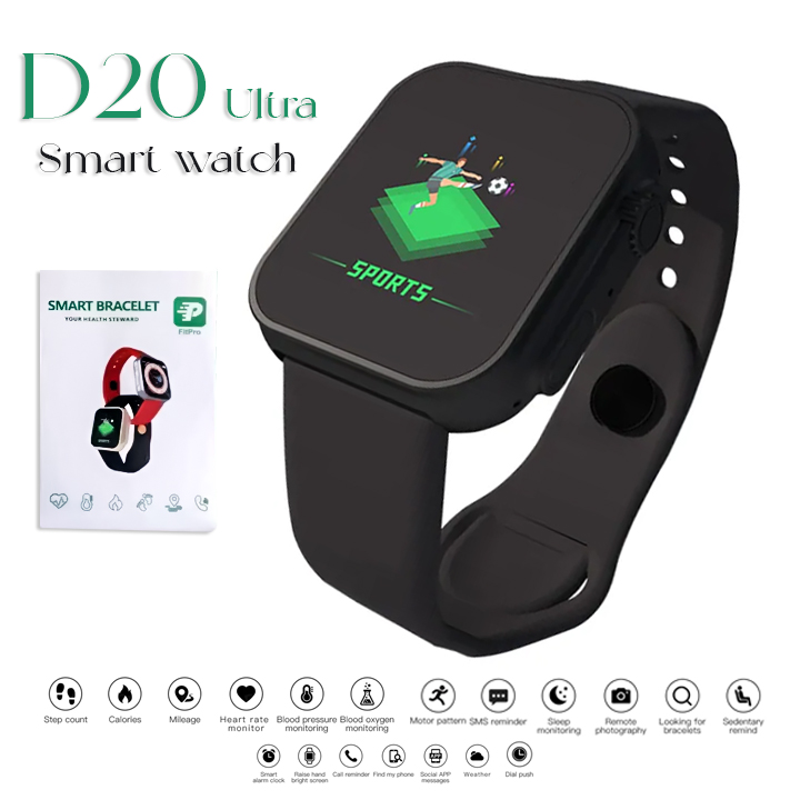 D20 Ultra Fitness Smart Bracelet – Bluetooth Heart Rate & Blood Pressure Monitor (Black)
