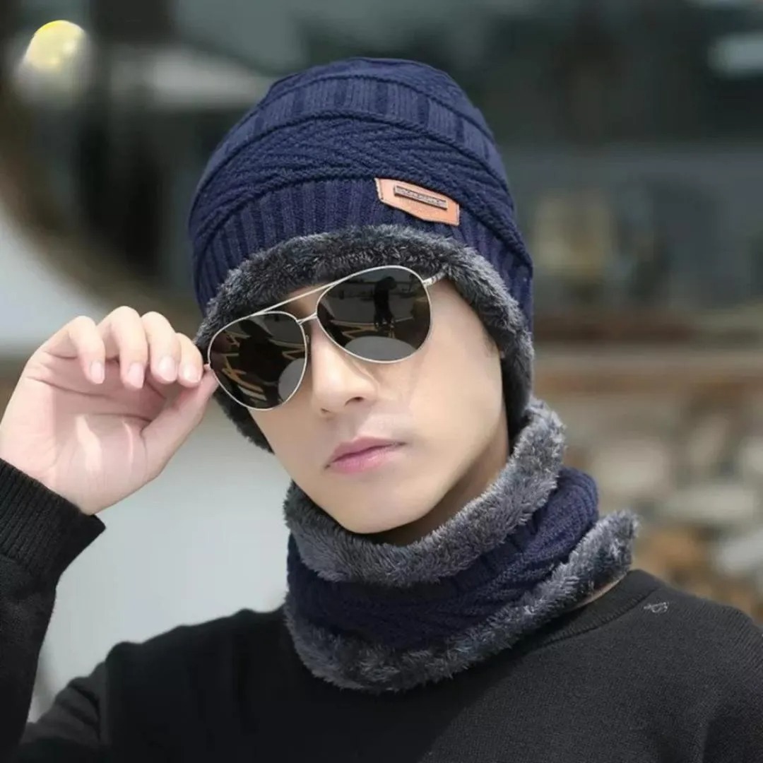 Wool Cap With Neck Warmer | Beanie And Scarf Set With Fleece Mask view 3
