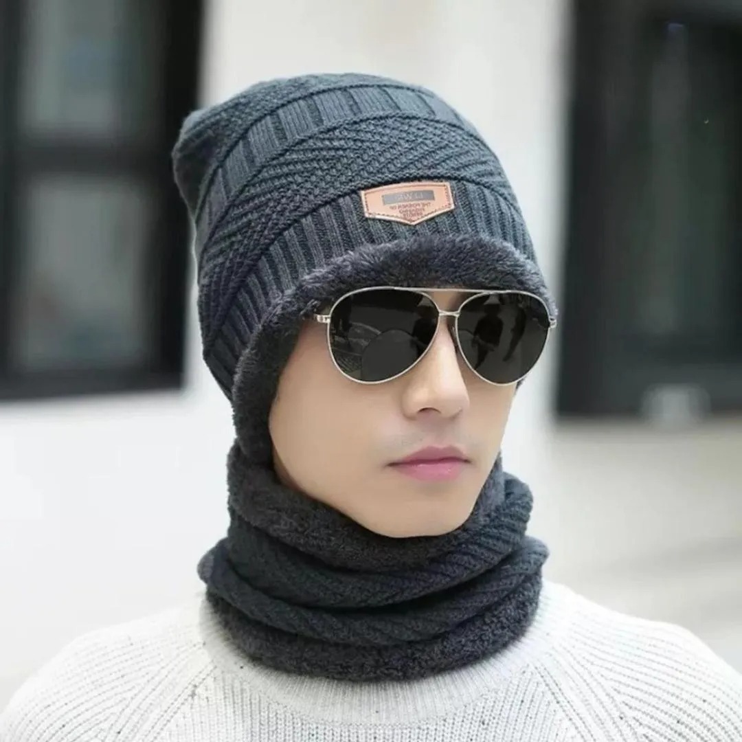 Wool Cap With Neck Warmer | Beanie And Scarf Set With Fleece Mask view 2